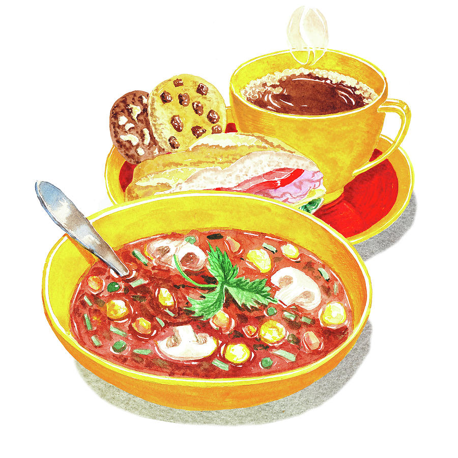 Watercolor Food Illustration Full Lunch Painting