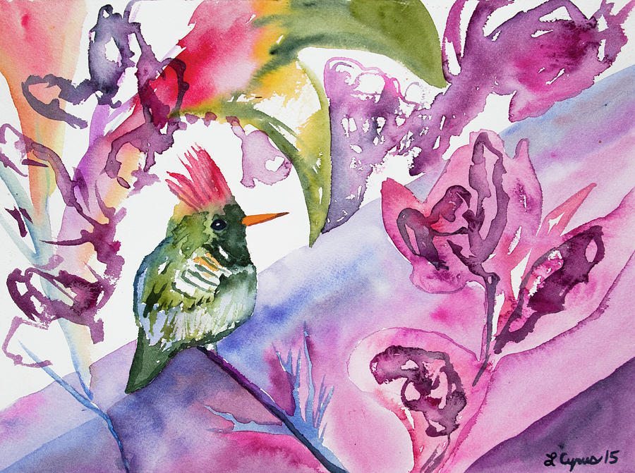 Watercolor - Frilled Coquette Hummingbird with Colorful Background Painting by Cascade Colors