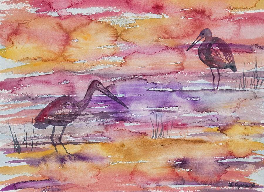 Watercolor - Heron and Limpkin in the Amazon Painting by Cascade Colors