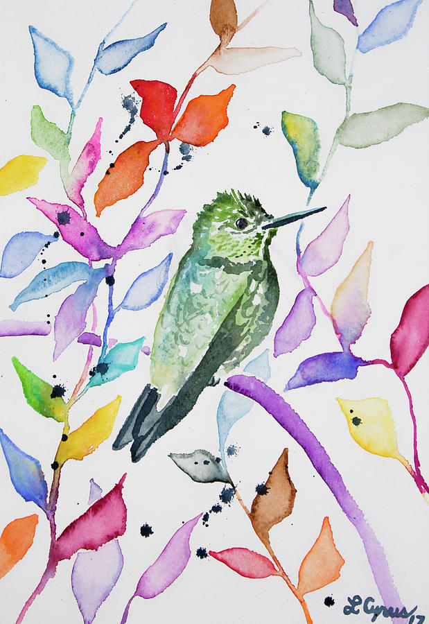 Watercolor - Hummingbird with Colorful Leaves Painting by Cascade Colors