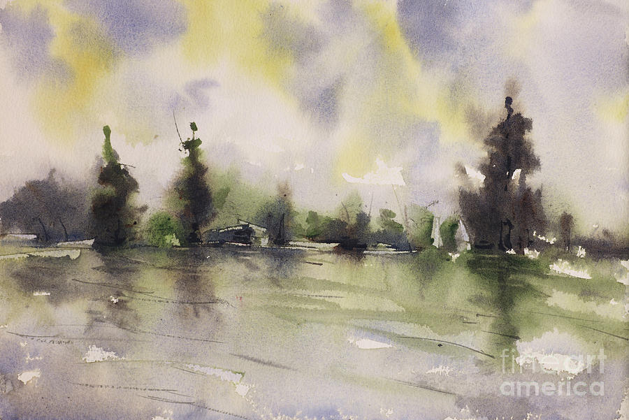 Watercolor landscape- Lake and Evergreens Painting by Ryan Fox