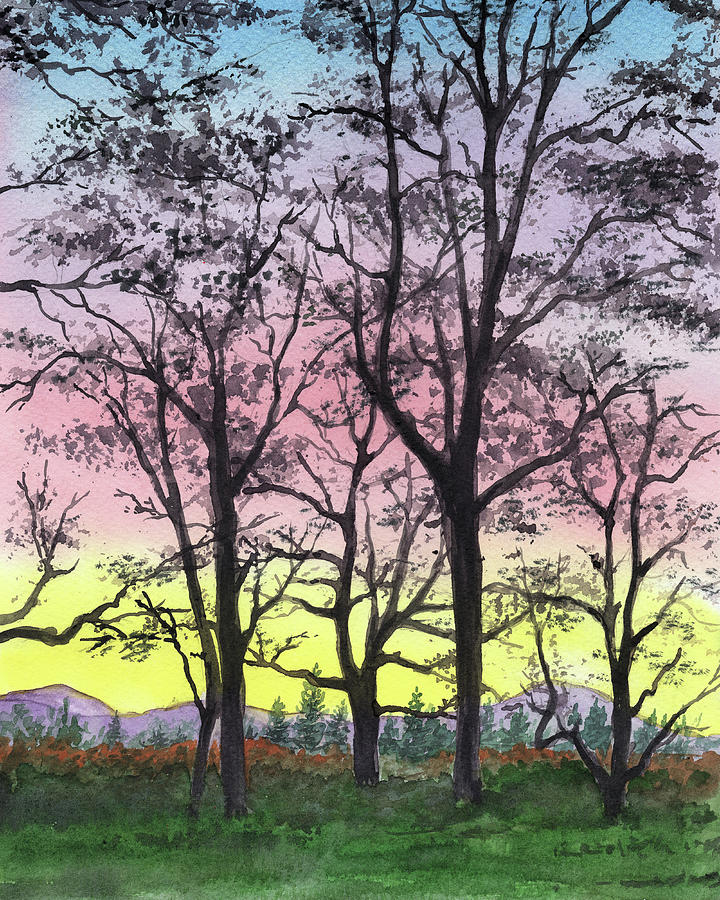 Watercolor Landscape Sunrise In The Mountains Painting by Irina Sztukowski