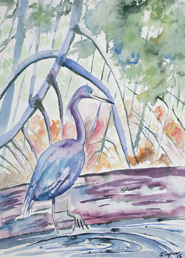 Heron Painting - Watercolor - Little Blue Heron in Mangrove Forest by Cascade Colors