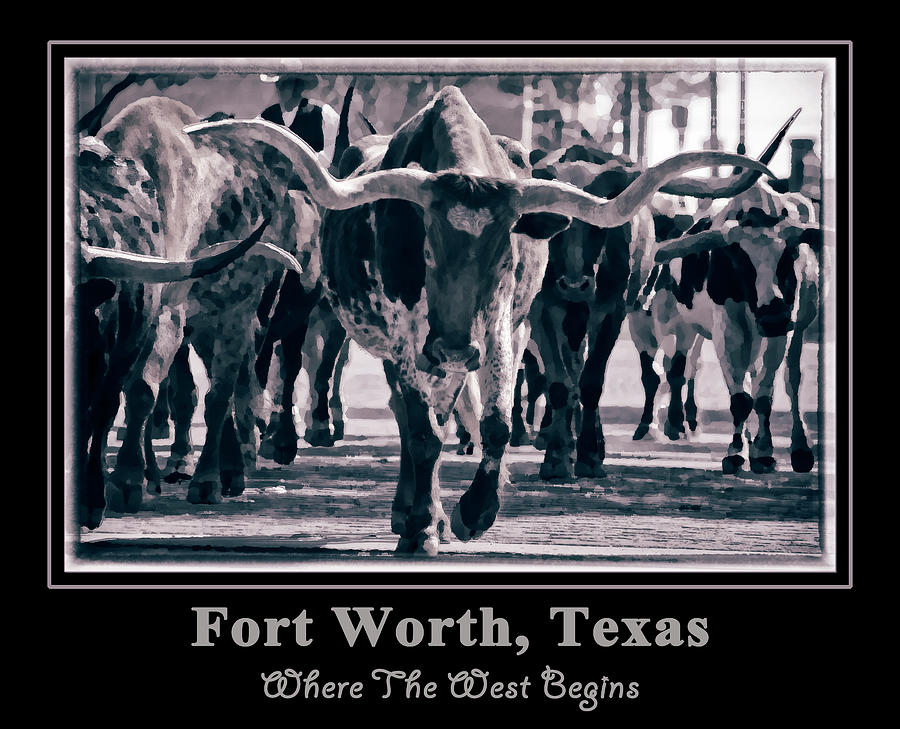 Fort Worth Photograph - Watercolor Longhorns II by Joan Carroll