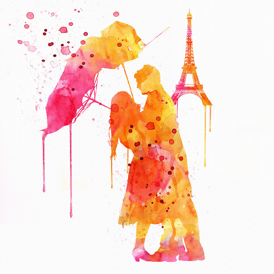 Watercolor Love Couple in Paris Painting by Marian Voicu