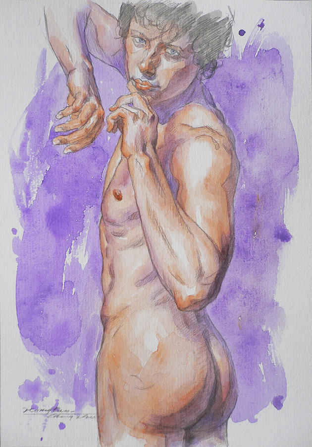 Watercolor male nude #18086 Painting by Hongtao Huang
