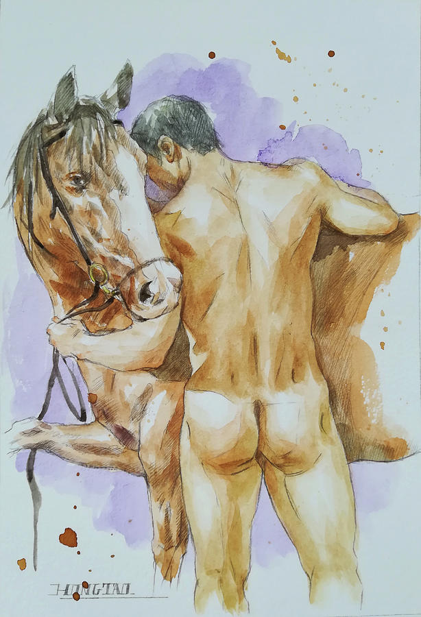 Watercolor male nude and horse Painting by Hongtao Huang