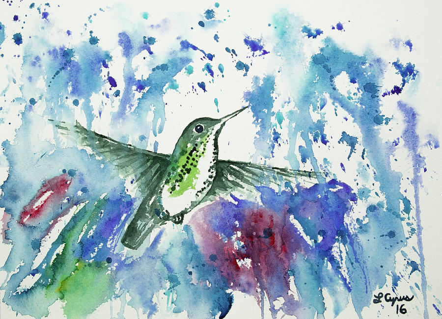 Watercolor - Many-Spotted Hummingbird Flying in the Rain Painting by Cascade Colors
