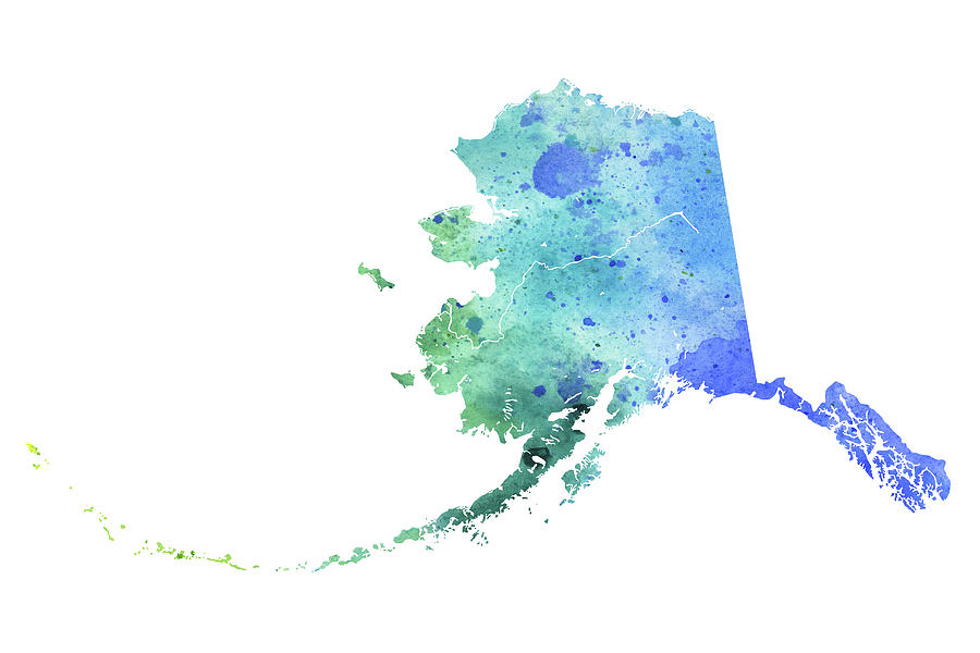 Watercolor Map of Alaska, in Blue and Green Painting by Andrea Hill ...