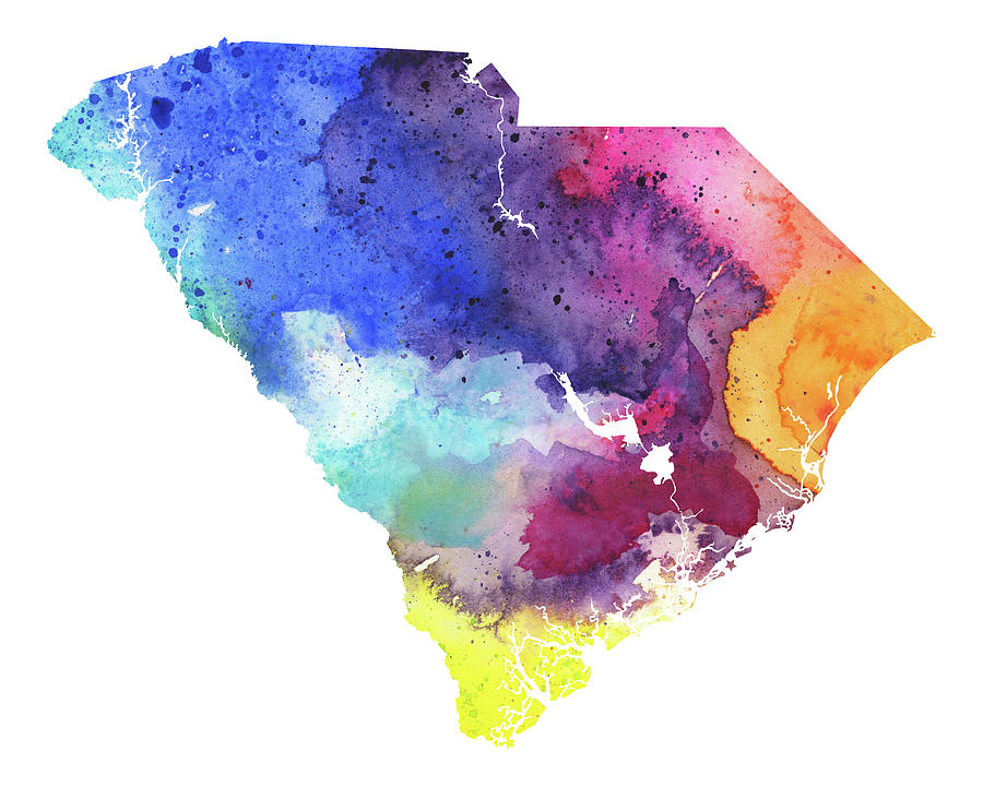 Watercolor Map of South Carolina, in Rainbow Colors Painting by Andrea
