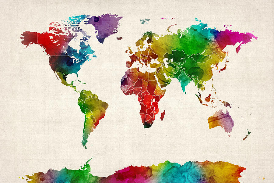 Watercolor Map of the World Map Digital Art by Michael Tompsett