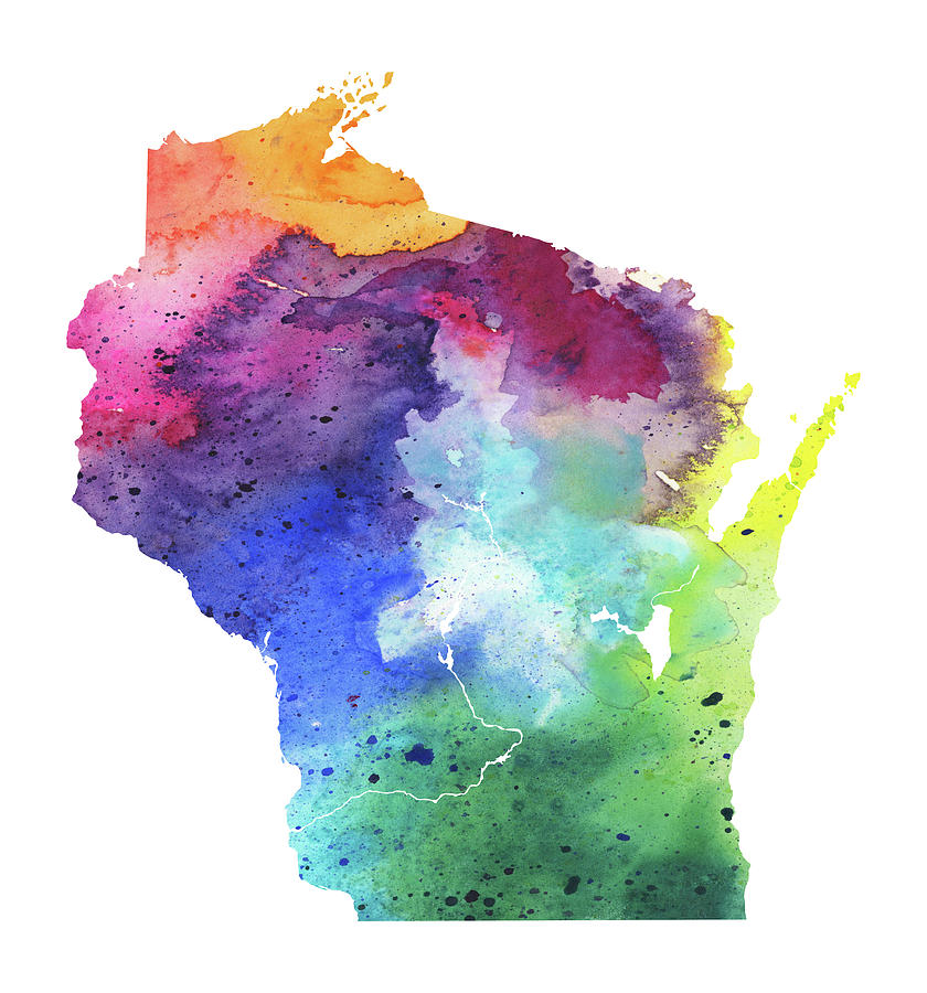 Watercolor Map of Wisconsin, in Rainbow Colors Painting by Andrea Hill