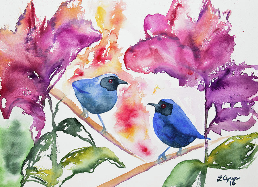 Watercolor - Masked Flowerpiercers with Flowers Painting by Cascade Colors