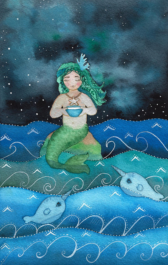 Watercolor mermaid feeding her narwhals Drawing by Liliya Suleymanova ...