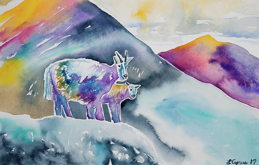 Watercolor - Mountain Goat Parent with Young Painting by Cascade Colors