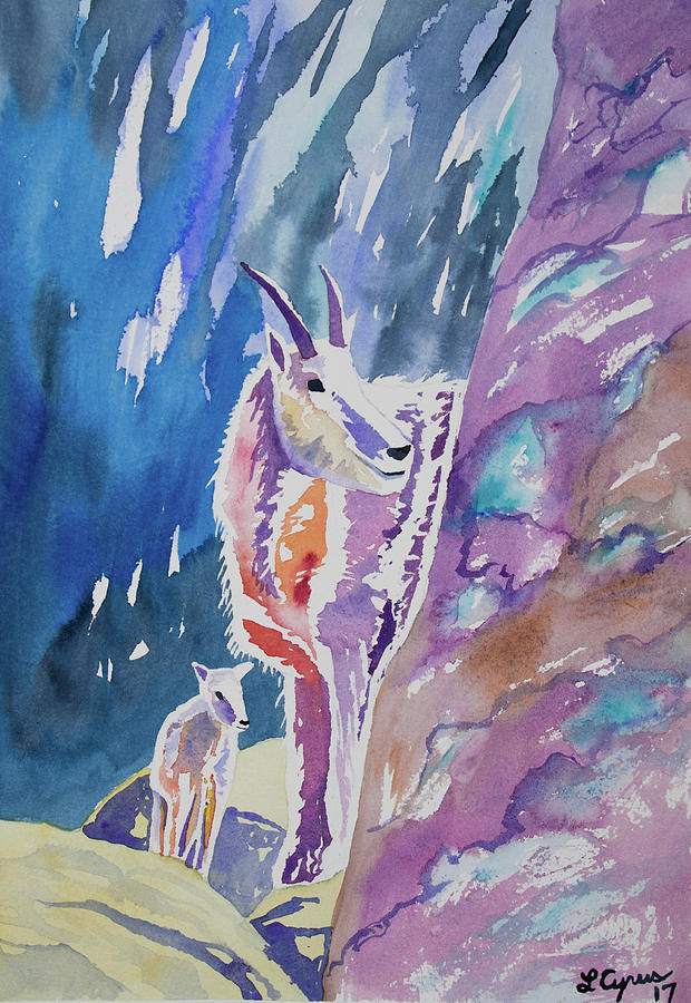 Watercolor - Mountain Goat with Young Painting by Cascade Colors