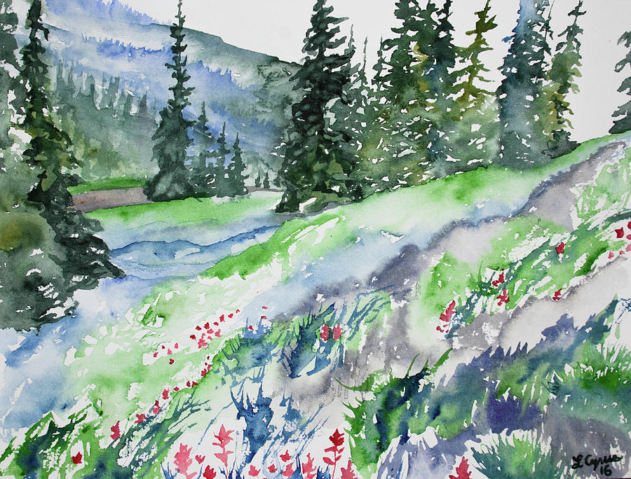 Watercolor - Mountain Pines and Indian Paintbrush Painting by Cascade Colors