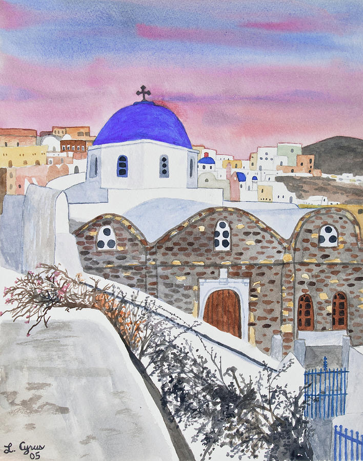 Watercolor - Oia Church at Sunset Painting by Cascade Colors
