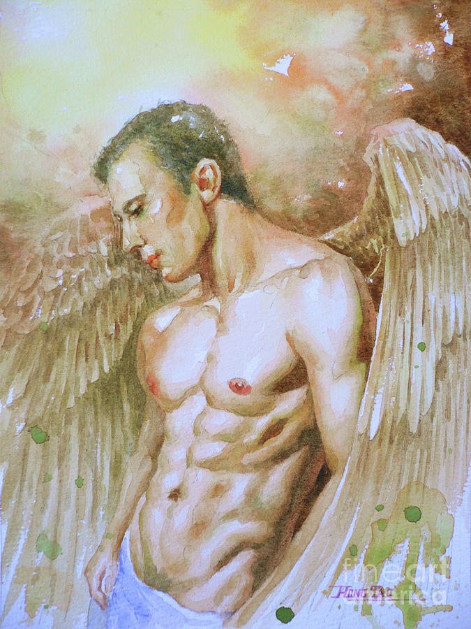 Watercolor Painting Angel Of Man #16-12-19 Painting by Hongtao Huang