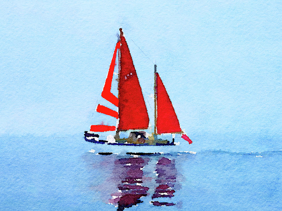 Summer Photograph - Watercolor painting of a sailboat with red sails up by Anita Van Den Broek