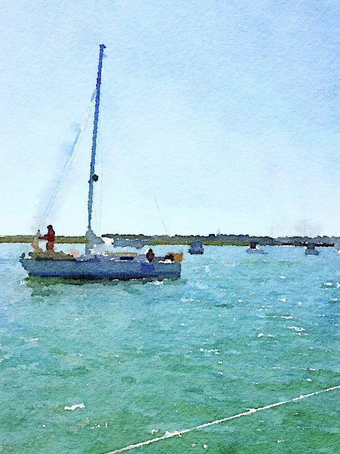 Summer Photograph - Watercolor painting of a sailing boat going out to sea with some by Anita Van Den Broek
