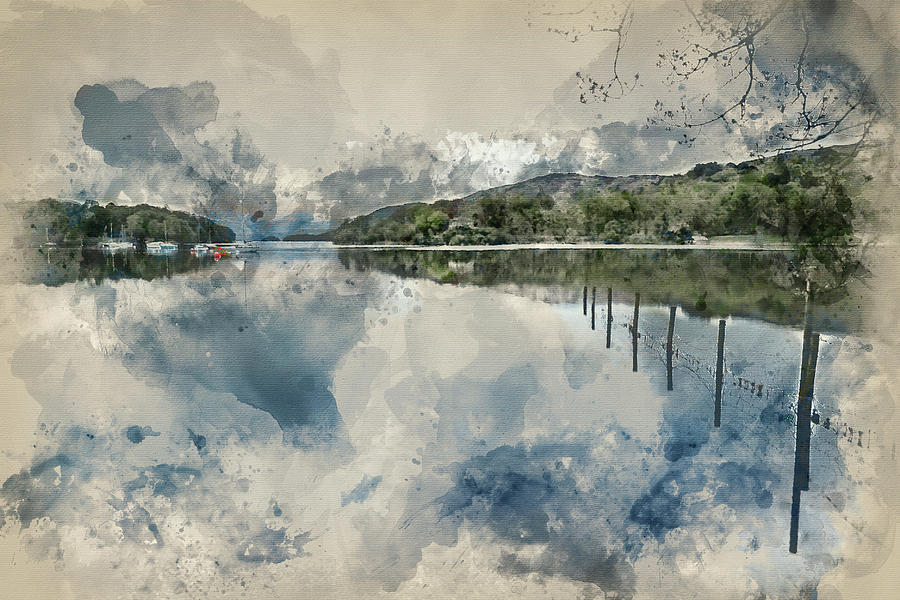 Watercolor Painting Of Calm Moody Evening Landscape Over Coniston Water In Lake District Photograph By Matthew Gibson