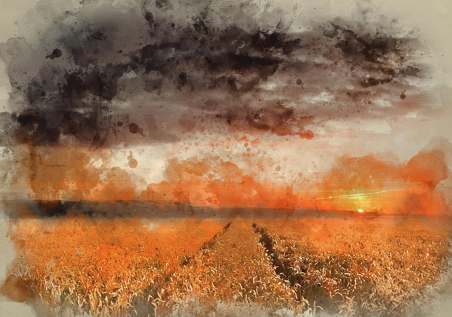 Watercolor painting of Golden wheat field under dramatic stormy ...