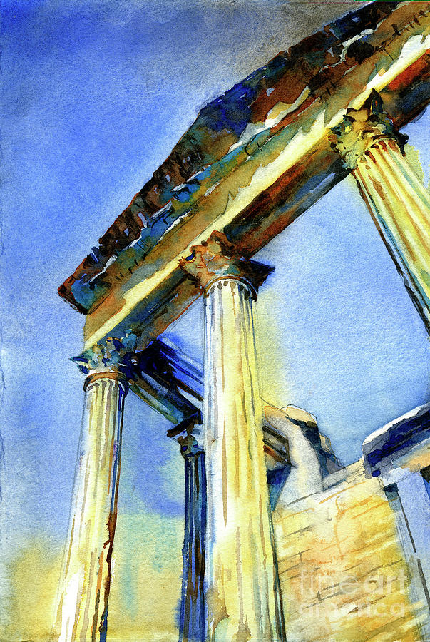 Watercolor painting of Roman temple at the ruins of Dougga in Tu Painting by Ryan Fox