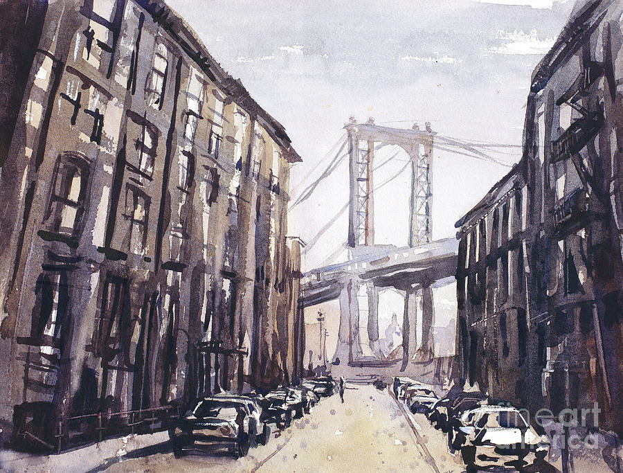 Watercolor painting of the Brooklyn Bridge as viewed from Brookl Painting by Ryan Fox