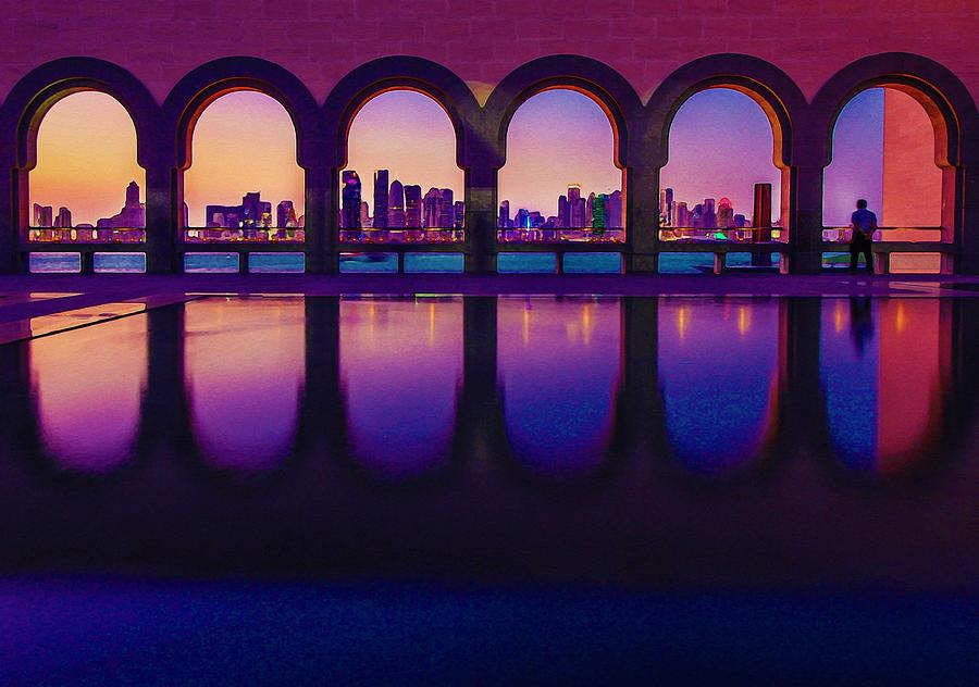 Watercolor Panorama View of Museum of Islamic Art, Doha, Qatar Painting