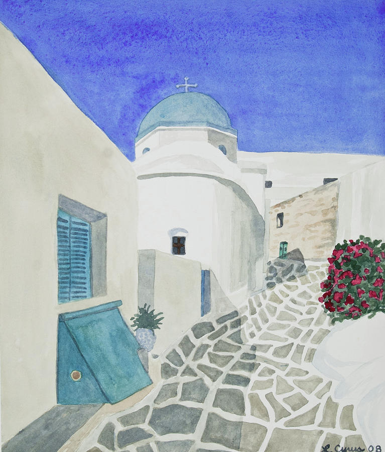 Watercolor - Paros Church And Street Scene Painting
