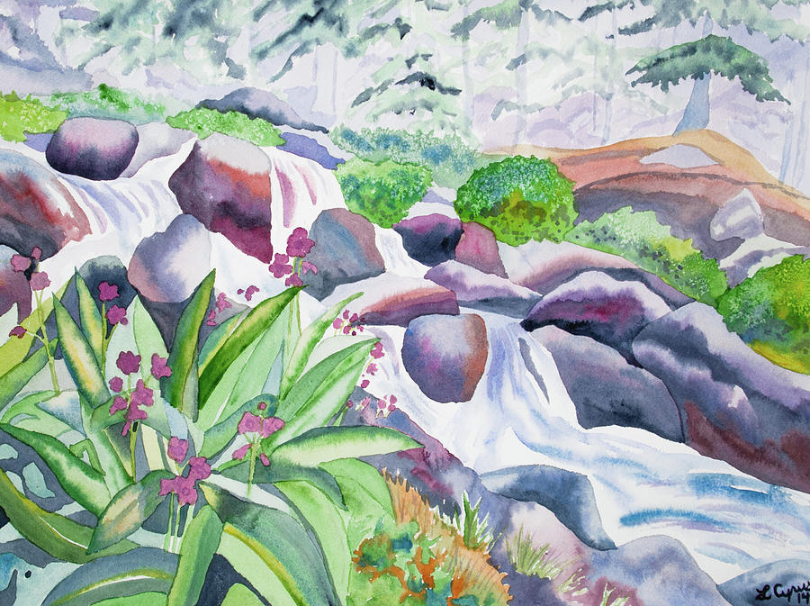 Tree Painting - Watercolor - Parrys Primrose and Mountain Stream by Cascade Colors