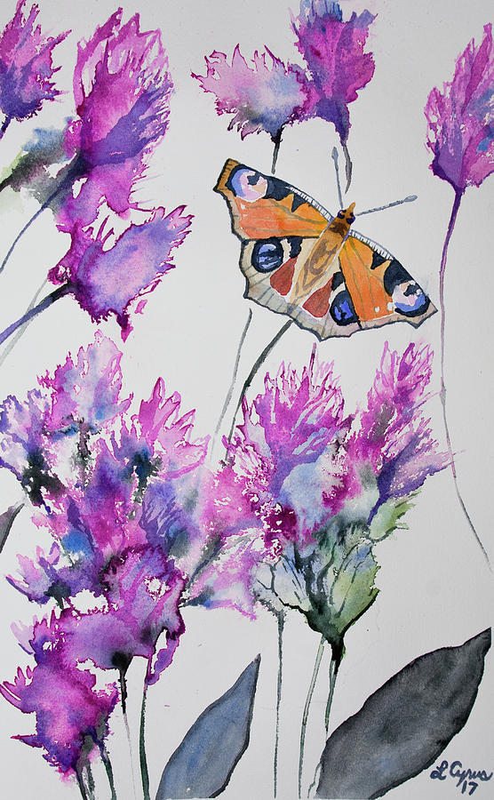 Watercolor - Peacock Butterfly with Pink Flowers Painting by Cascade Colors