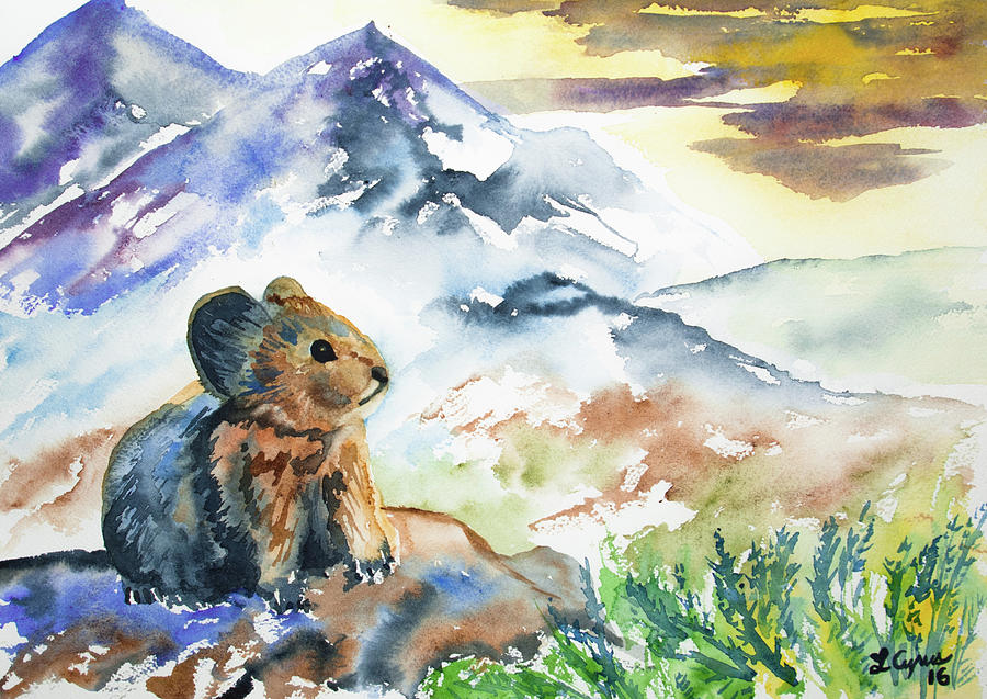 Watercolor - Pika Watching the Sunset Painting by Cascade Colors