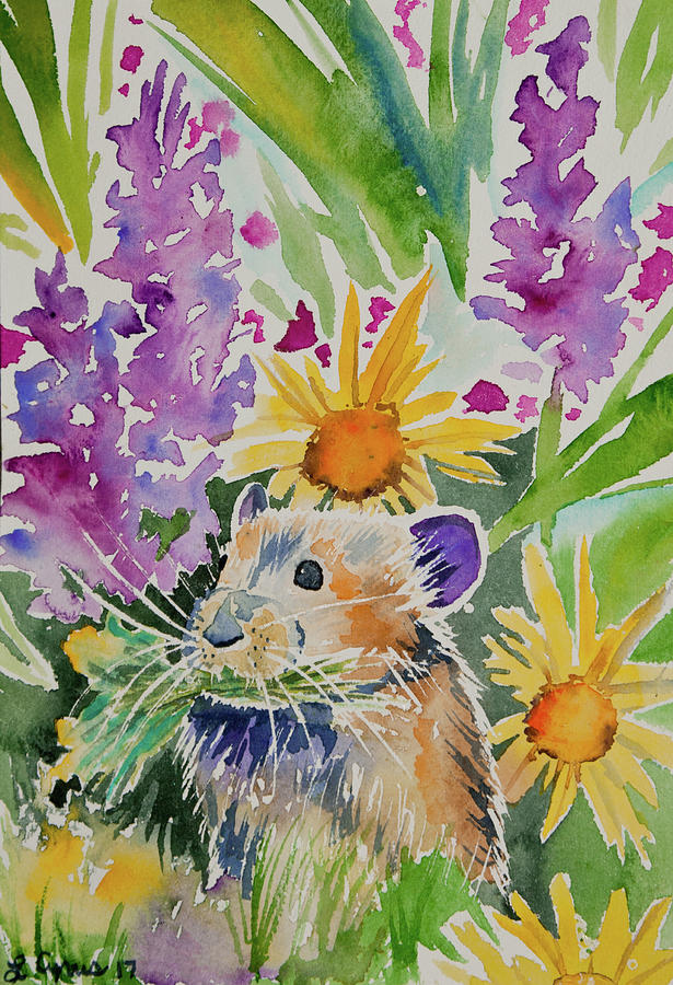 Watercolor - Pika with Wildflowers 2 Painting by Cascade Colors