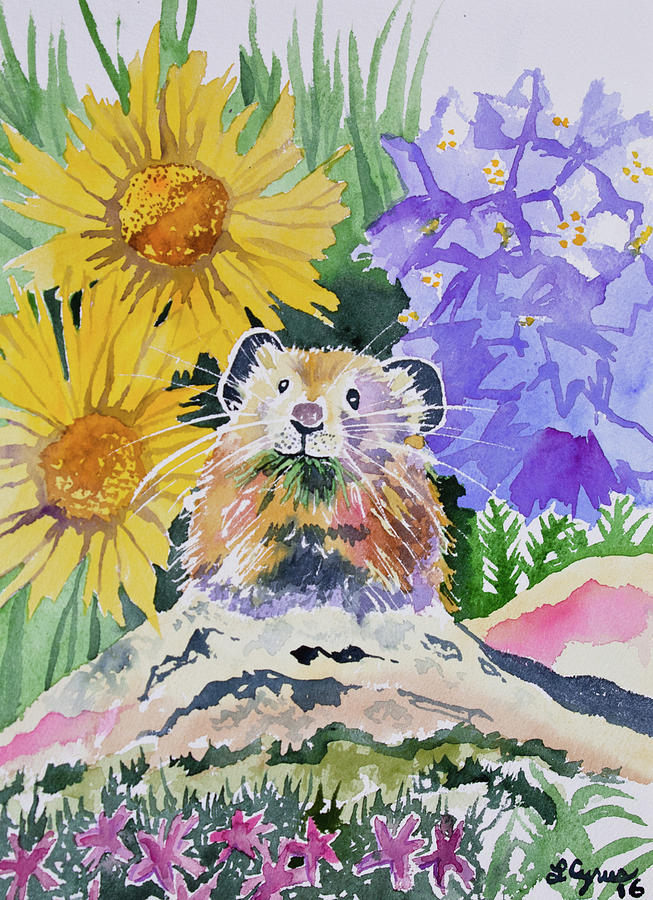 Watercolor - Pika with Wildflowers Painting by Cascade Colors