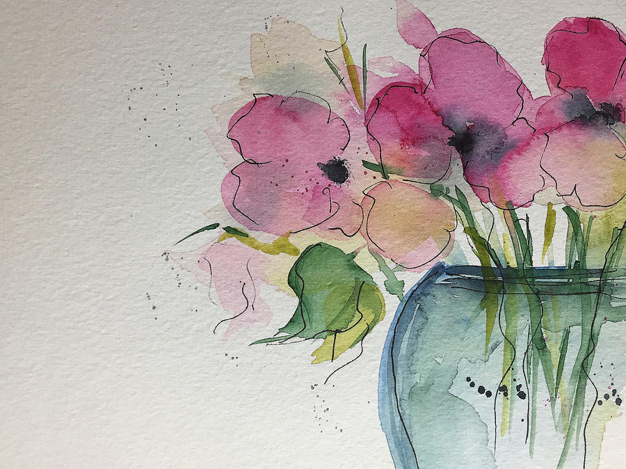 Watercolor Pink Flowers In The Vase Painting by Britta Zehm