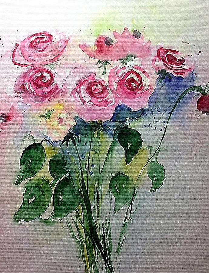Watercolor Pink Roses Painting by Britta Zehm