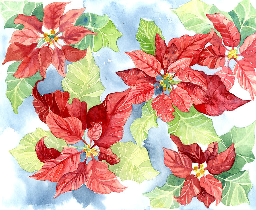 Watercolor Poinsettias Christmas Decor Painting by Audrey Jeanne Roberts