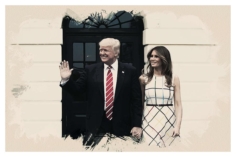 Watercolor Portrait of President Donald Trump and First Lady 5 Painting by Celestial Images