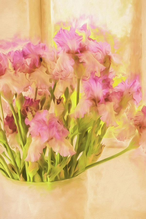 Watercolor Pot of Irises Painting by Bonnie Bruno