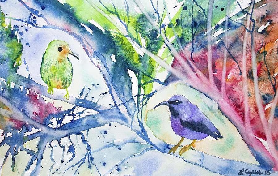 Watercolor - Purple Honeycreepers Painting by Cascade Colors
