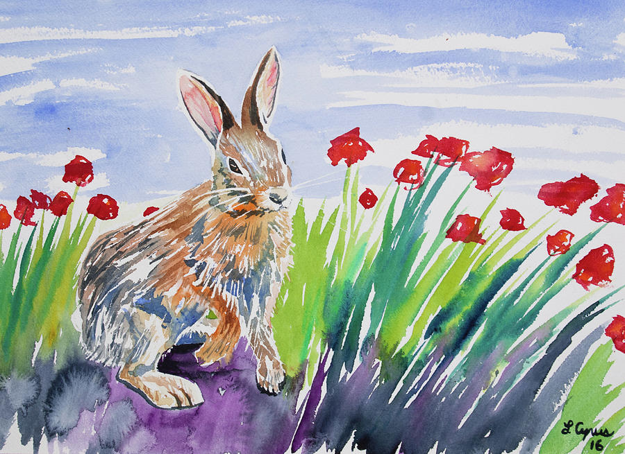 Watercolor - Rabbit with Poppies Painting by Cascade Colors