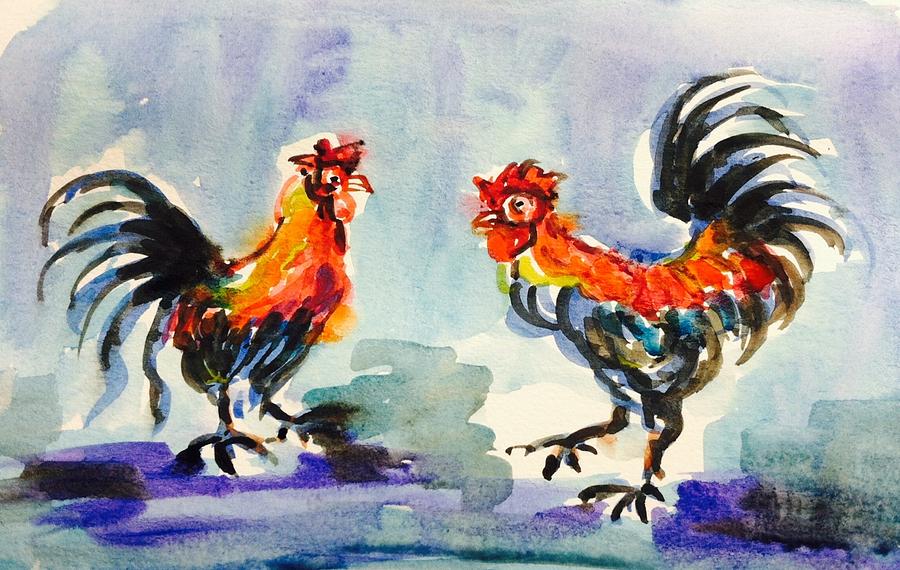 Watercolor roosters Painting by Hae Kim