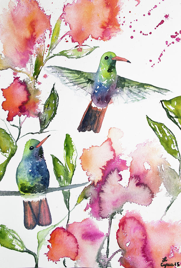 Watercolor - Rufous-tailed Hummingbirds with Flowers Painting by Cascade Colors