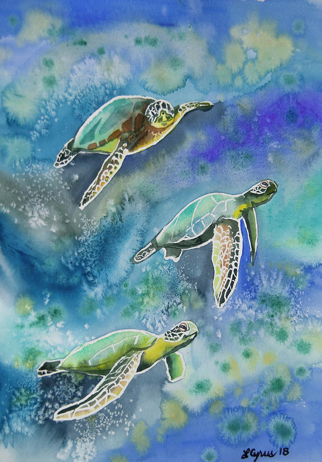 Watercolor - Sea Turtles Swimming Painting