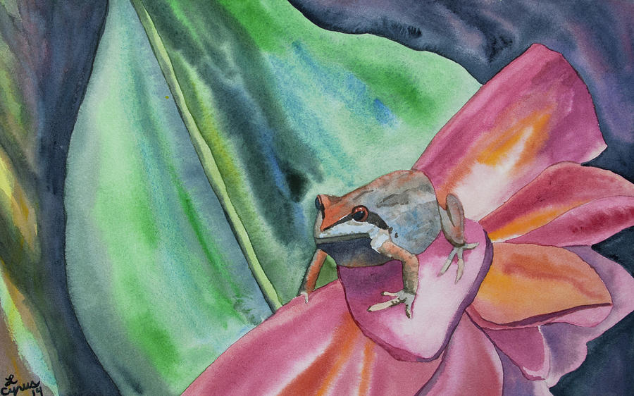 Watercolor - Small Tree Frog On A Colorful Flower Painting