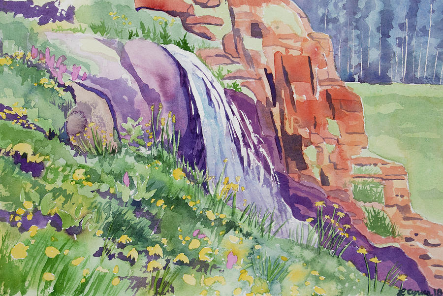 Watercolor - Small Waterfall in the Rockies Painting by Cascade Colors