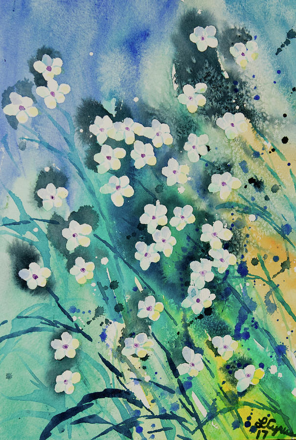 Watercolor - Small White Flowers with Aqua Blue Background Painting by Cascade Colors