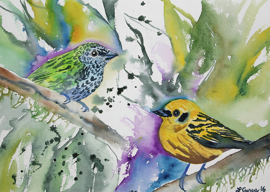 Watercolor - Spotted Tanager and Golden Tanager Painting by Cascade Colors